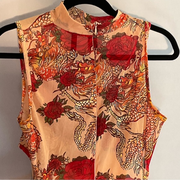 Queen Marie, 2XL, Mesh, Red Dragon/Flower, Jumpsuit, Cutouts, Zipper, Elastic - Picture 15 of 16